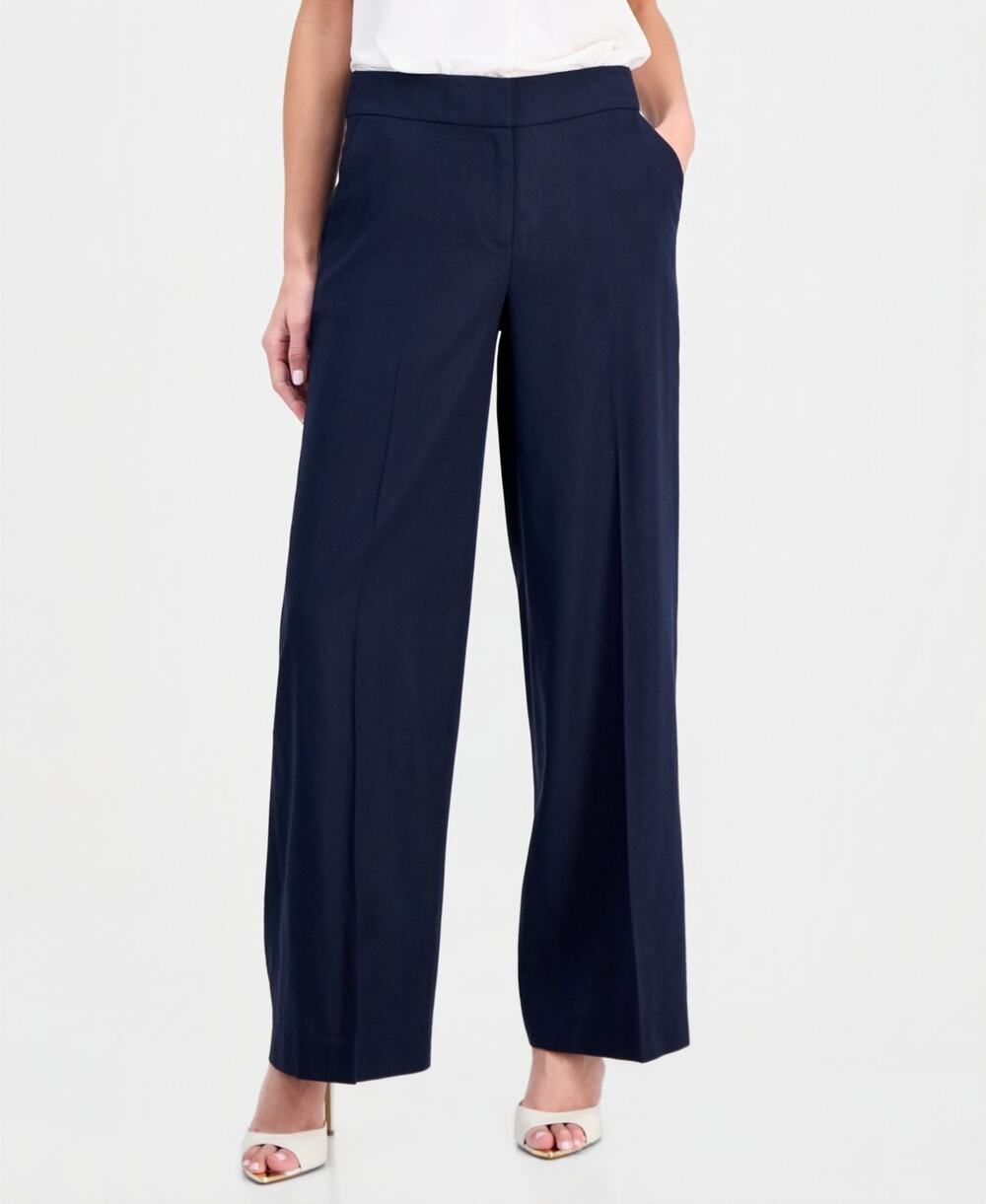 Tahari ASL Women's Clean-Waist Linen-Blend Wide-Leg Pants Navy Size 4 2944